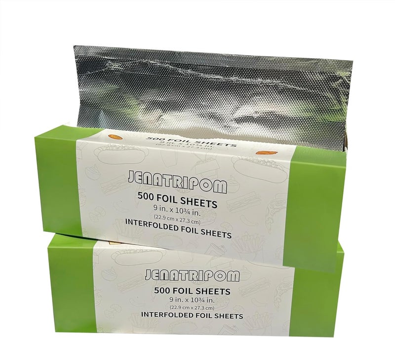 Jenatripom Aluminum Foil Sheets, 9 x 10.75 inch, 1000 Sheets, Pop-Up Dispenser, Premium Quality, High Temp Resistant, Easy Access, Versatile Wrapper - Image 1